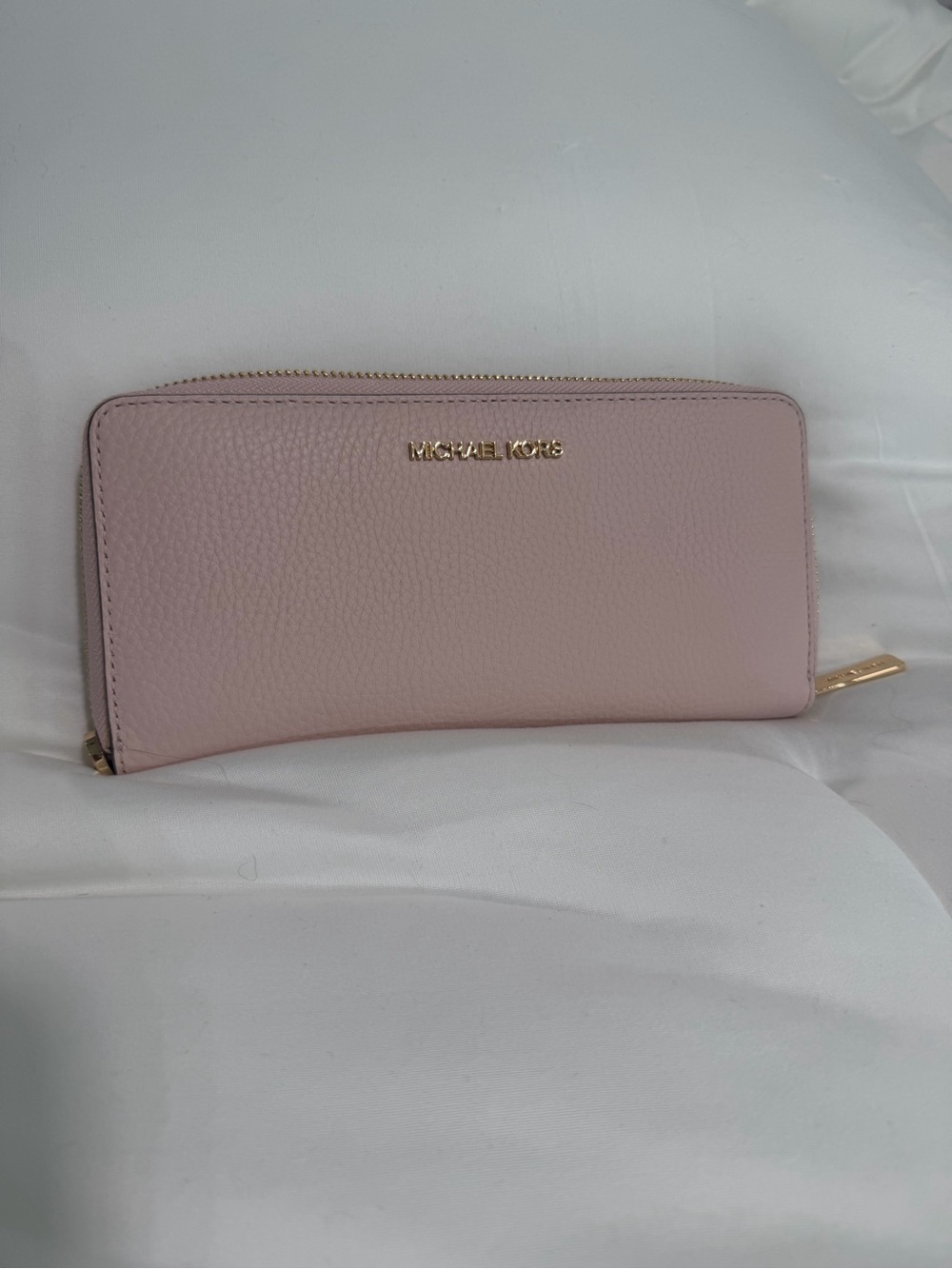 Michael Kors Pale Pink Pebbled Leather Zip-Around Wallet with Gold Logo